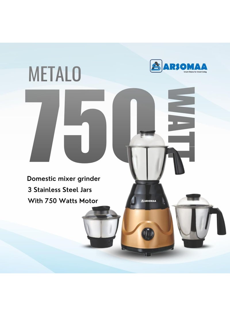 ARSOMAA Metalo Mixer Grinder Power Pro 750Watt Setting Standard of Performance Mixer Grinder with 3 Jars Stainless Steel Blades 24 Months Warranty Golden Color