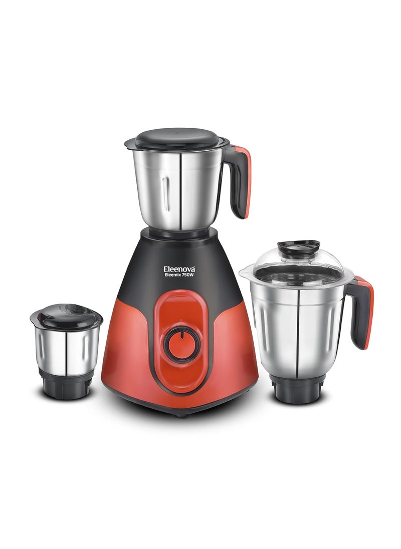 Eleenova Eleemix 750 Watts Mixer Grinder with 3 Stainless Steel Jars Black and Red Heavy Duty Motor Stainless Steel Blades Ergonomic Easy Grip Handles