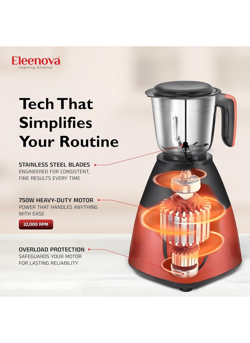 Eleenova Eleemix 750 Watts Mixer Grinder with 3 Stainless Steel Jars Black and Red Heavy Duty Motor Stainless Steel Blades Ergonomic Easy Grip Handles