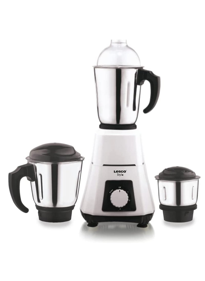 Lesco Stylo Mixer Grinder Jazz Pro 550W with 3 Stainless Steel JarsOverload Protection ISI Certified 1 Year Warranty Parker white