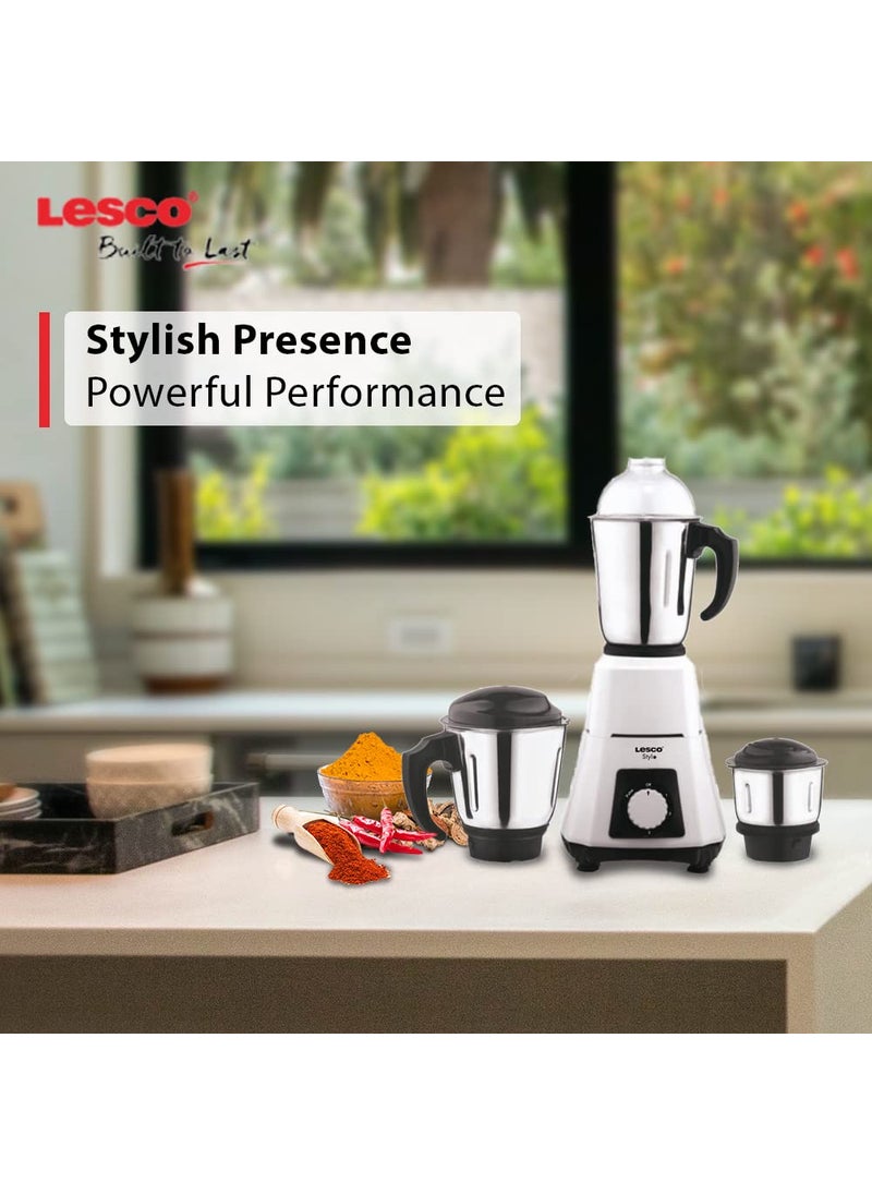 Lesco Stylo Mixer Grinder Jazz Pro 550W with 3 Stainless Steel JarsOverload Protection ISI Certified 1 Year Warranty Parker white