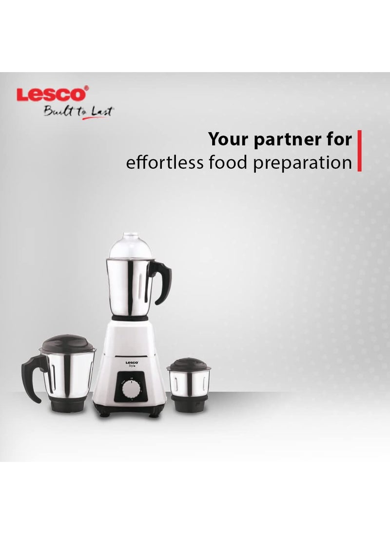 Lesco Stylo Mixer Grinder Jazz Pro 550W with 3 Stainless Steel JarsOverload Protection ISI Certified 1 Year Warranty Parker white