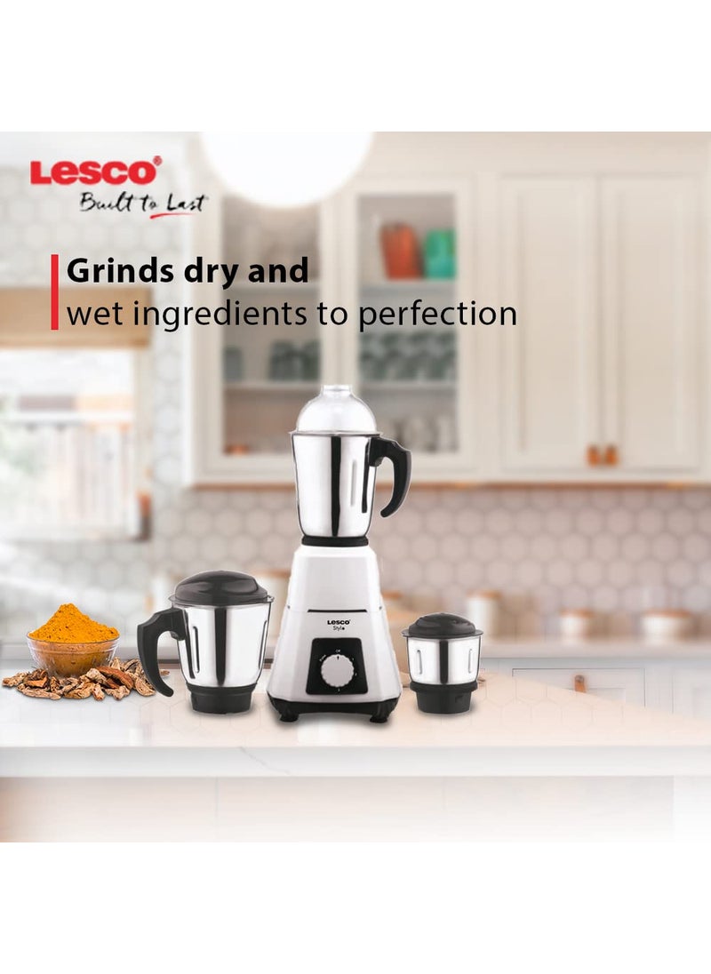 Lesco Stylo Mixer Grinder Jazz Pro 550W with 3 Stainless Steel JarsOverload Protection ISI Certified 1 Year Warranty Parker white