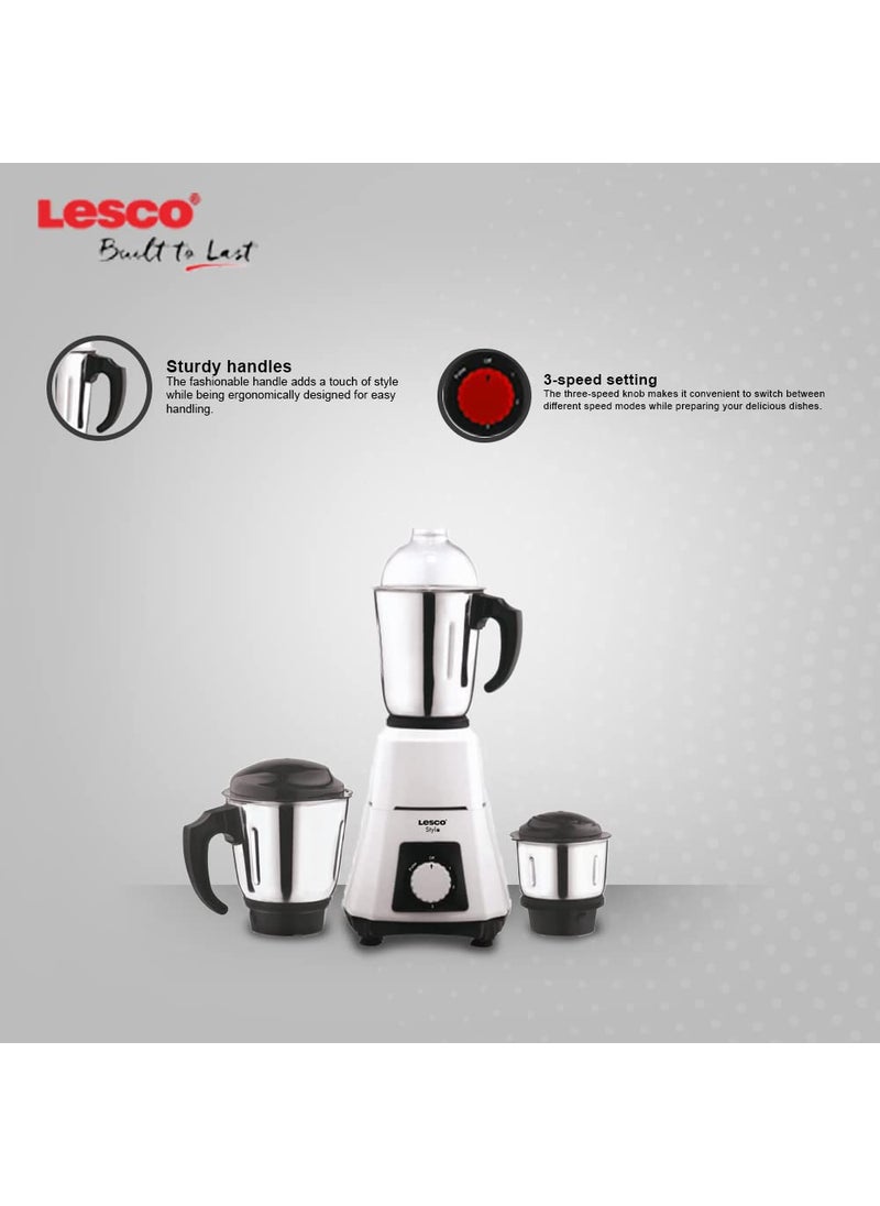 Lesco Stylo Mixer Grinder Jazz Pro 550W with 3 Stainless Steel JarsOverload Protection ISI Certified 1 Year Warranty Parker white