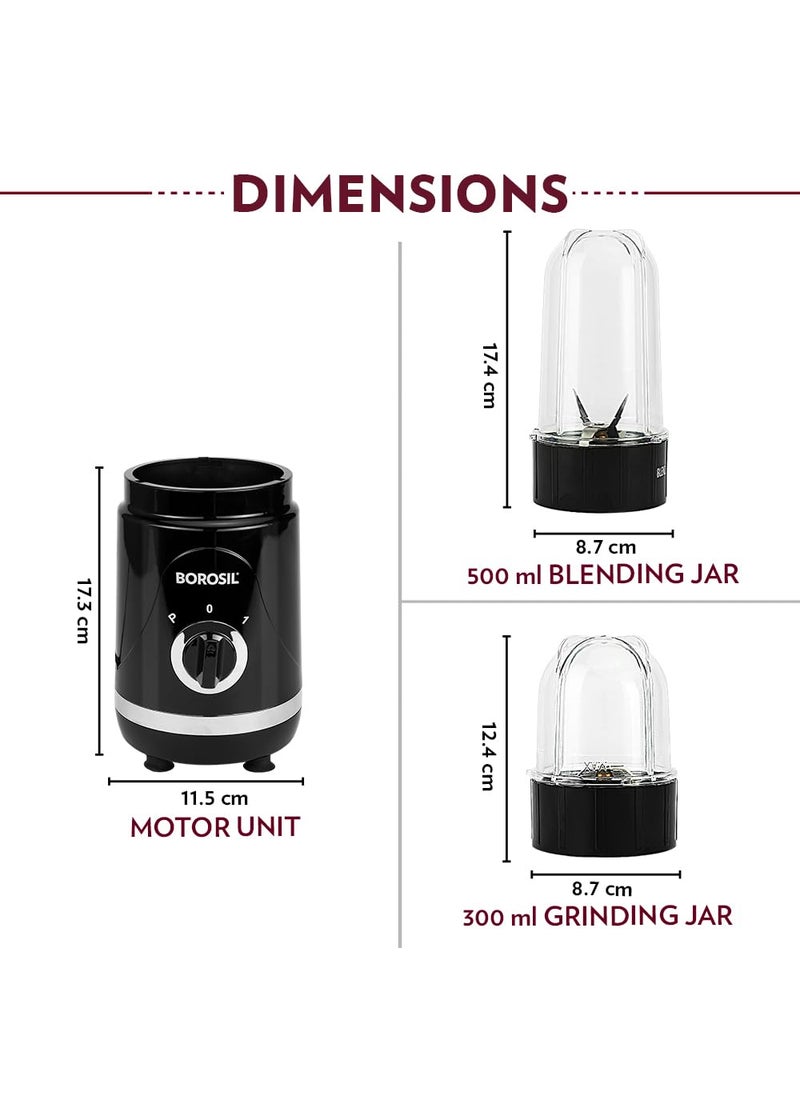 Borosil 400W NutriFresh Portable MiniBlender Grinder 500ml Jar for Blending Smoothies 300ml Jar for Dry Grinding SpicesChutney Jar Polycarbonate Jars Dishwasher Safe 2 Year Warranty Black