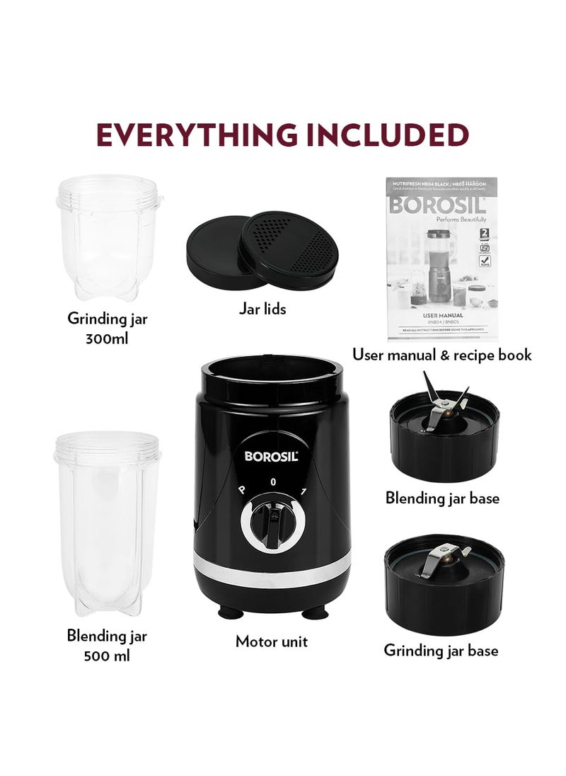 Borosil 400W NutriFresh Portable MiniBlender Grinder 500ml Jar for Blending Smoothies 300ml Jar for Dry Grinding SpicesChutney Jar Polycarbonate Jars Dishwasher Safe 2 Year Warranty Black