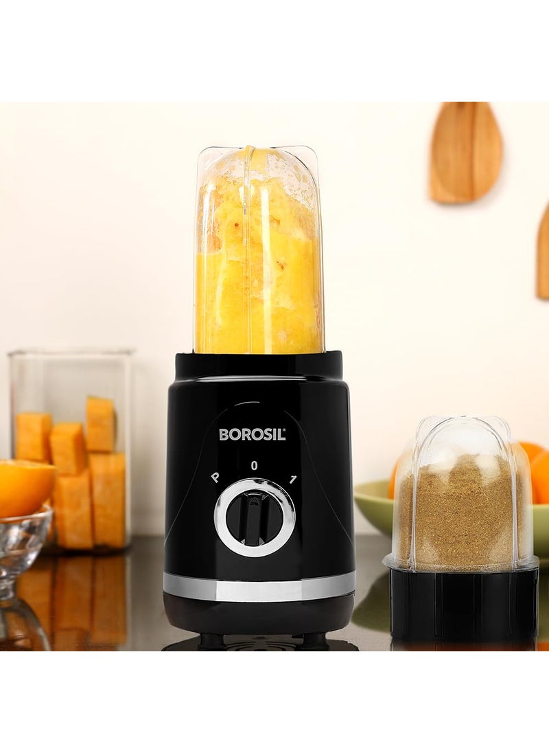 Borosil 400W NutriFresh Portable MiniBlender Grinder 500ml Jar for Blending Smoothies 300ml Jar for Dry Grinding SpicesChutney Jar Polycarbonate Jars Dishwasher Safe 2 Year Warranty Black
