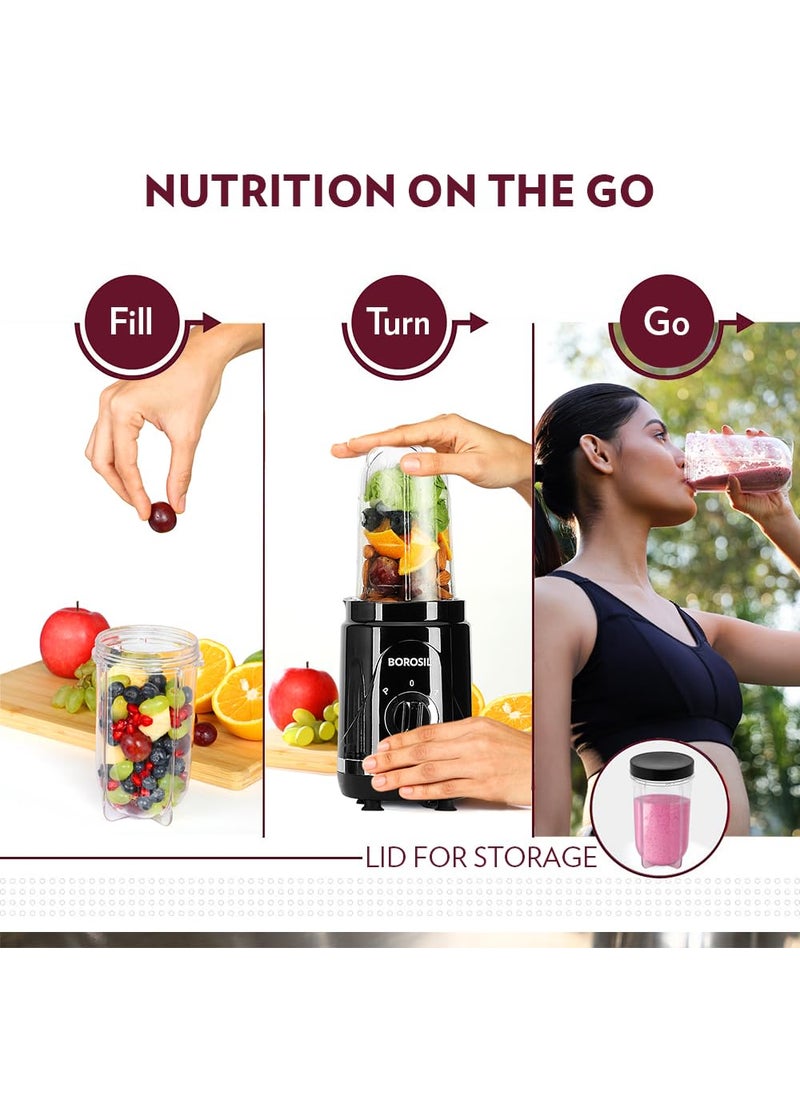 Borosil 400W NutriFresh Portable MiniBlender Grinder 500ml Jar for Blending Smoothies 300ml Jar for Dry Grinding SpicesChutney Jar Polycarbonate Jars Dishwasher Safe 2 Year Warranty Black