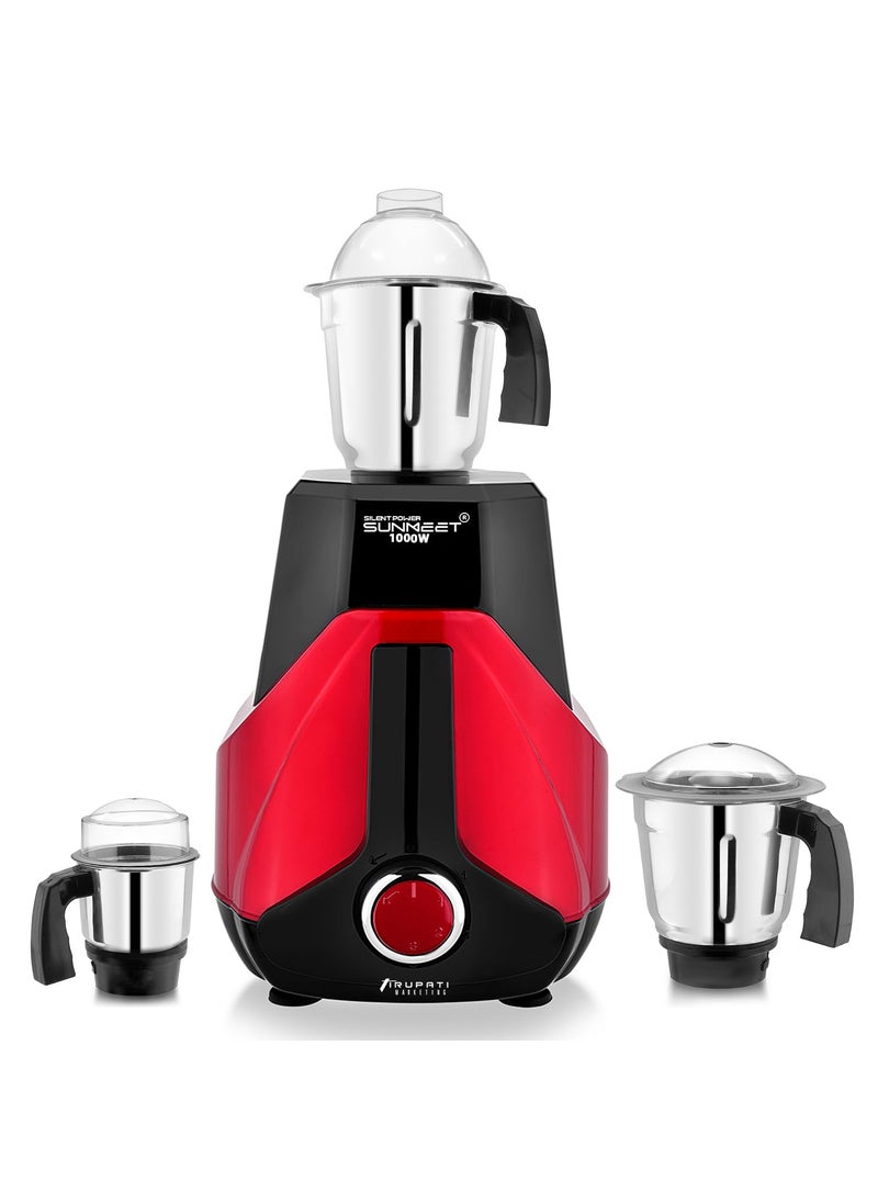 SilentPowerSunmeet 1000watts Express Quality Mixer Grinder with 3 Heavy Stainless Steel jars Chutney Jar Liquid Jar and Dry Jar BlackRed TA65