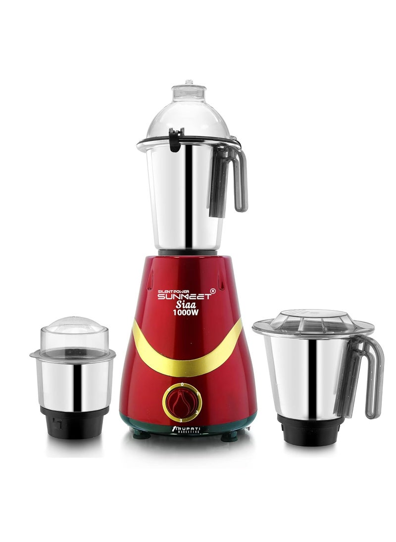 SilentPowerSunmeet Latest New Model SIAA 1000 Watts 2 Years Warranty 100 Copper MotorMixer Grinder with 3 Heavy Aluminium base Stainless Steel Jars Dry Chutney and Liquid RedGold S3J 37 Years of Servicing