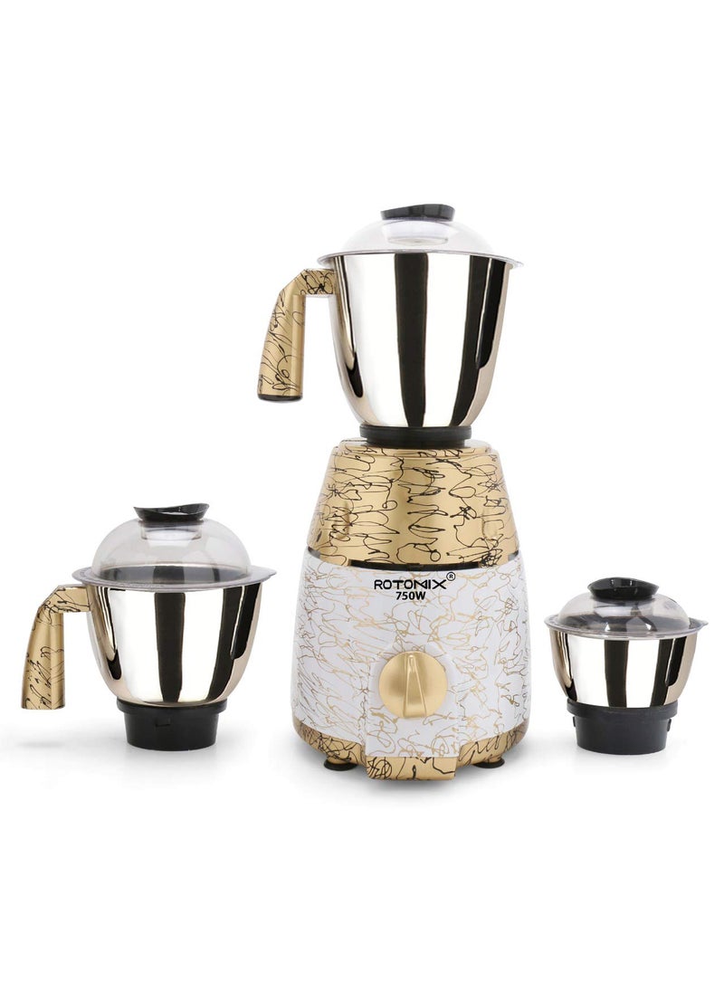 Rotomix PTYTA21 750Watt Mixer Grinder with 3 Heavy Stainless steel Jars 1 Wet Jar 1 Dry Jar and 1 Chutney Jar GoldCreamMake In IndiaISI CERTIFIED