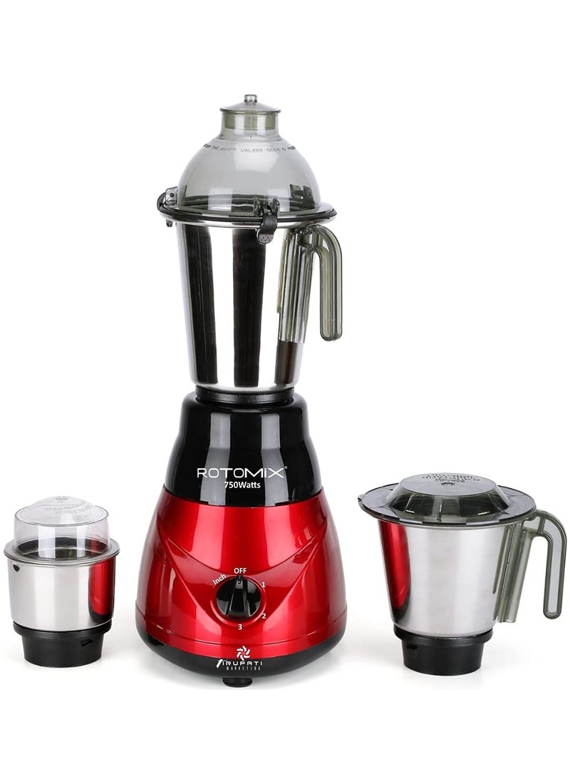 Rotomix Kiaa HiTech 750W Mixer Grinder with 3 SStainless Steel Jars 1 Wet Jar 1 Dry Jar and 1 Chutney Jar BlackREDMake in IndiaISI Certified