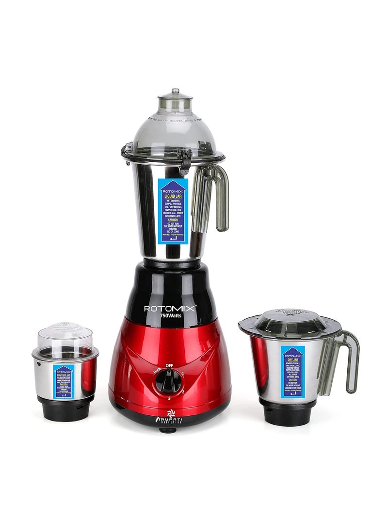 Rotomix Kiaa HiTech 750W Mixer Grinder with 3 SStainless Steel Jars 1 Wet Jar 1 Dry Jar and 1 Chutney Jar BlackREDMake in IndiaISI Certified