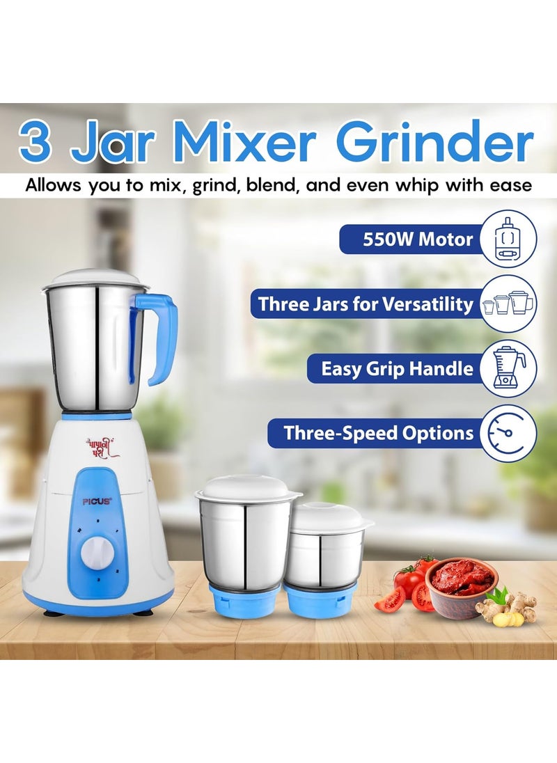 PICUS White 550W 3 Jar Mixer Grinder HighSpeed Motor HeavyDuty Performance 3Speed Options and Included Whip Attachment Simplify Meal Preparation