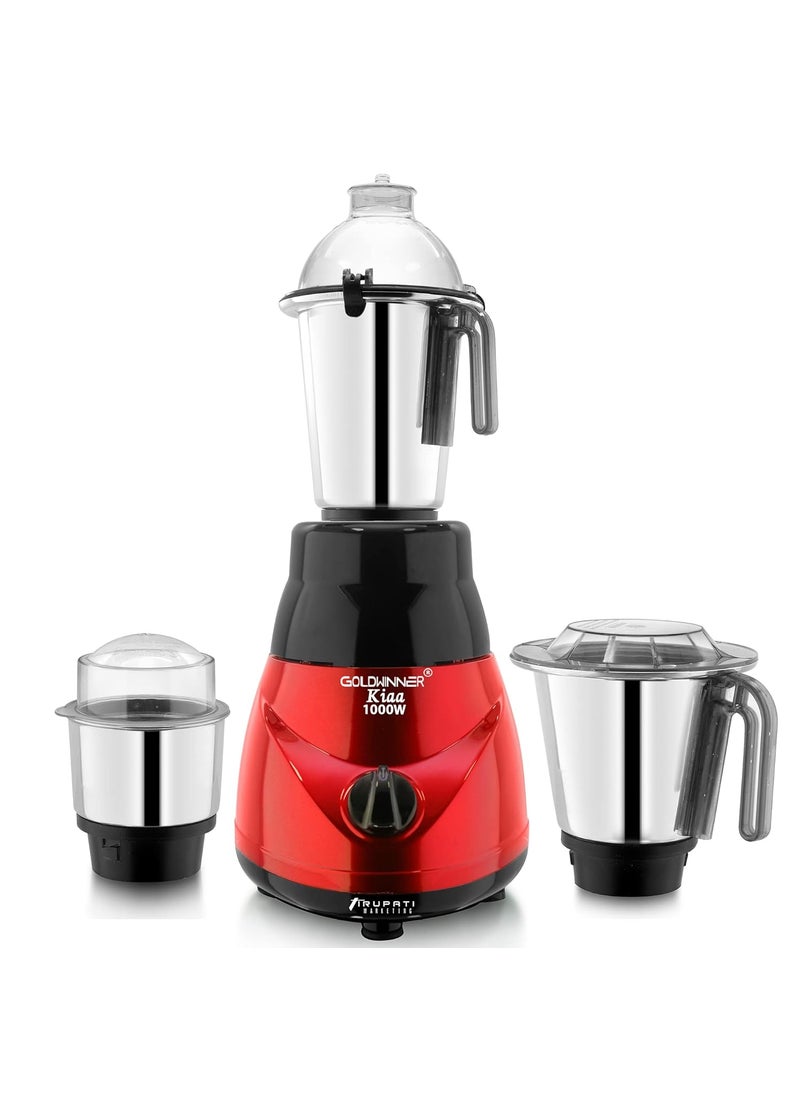 Goldwinner New Model Traditional KIAA 1000 Watts 2 Years Warranty 100 Copper MotorMixer Grinder with 100 Copper Motor with 3 Heavy Aluminium base Stainless Steel Jars Dry Chutney and Liquid RedBLack S3J Company 37 Years of Servicing