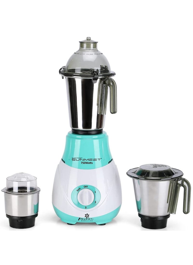 SilentPowerSunmeet Riaa 750W Mixer Grinder with 3 SStainless Steel Jars 1 Wet Jar 1 Dry Jar and 1 Chutney Jar GreenWhiteMake in IndiaISI Certified