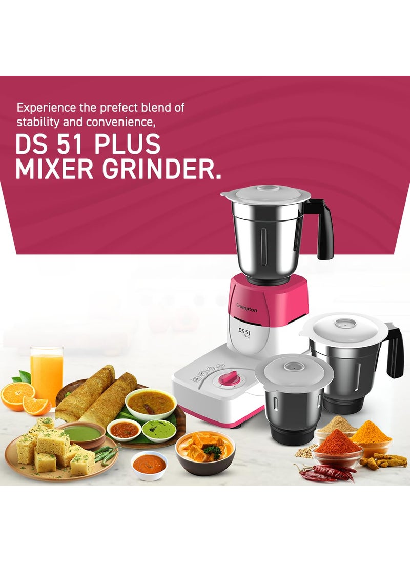 Crompton DS51 Plus Mixer Grinder with Powertron Motor Motor VentX Technology 3 Stainless Steel Jars Pink white