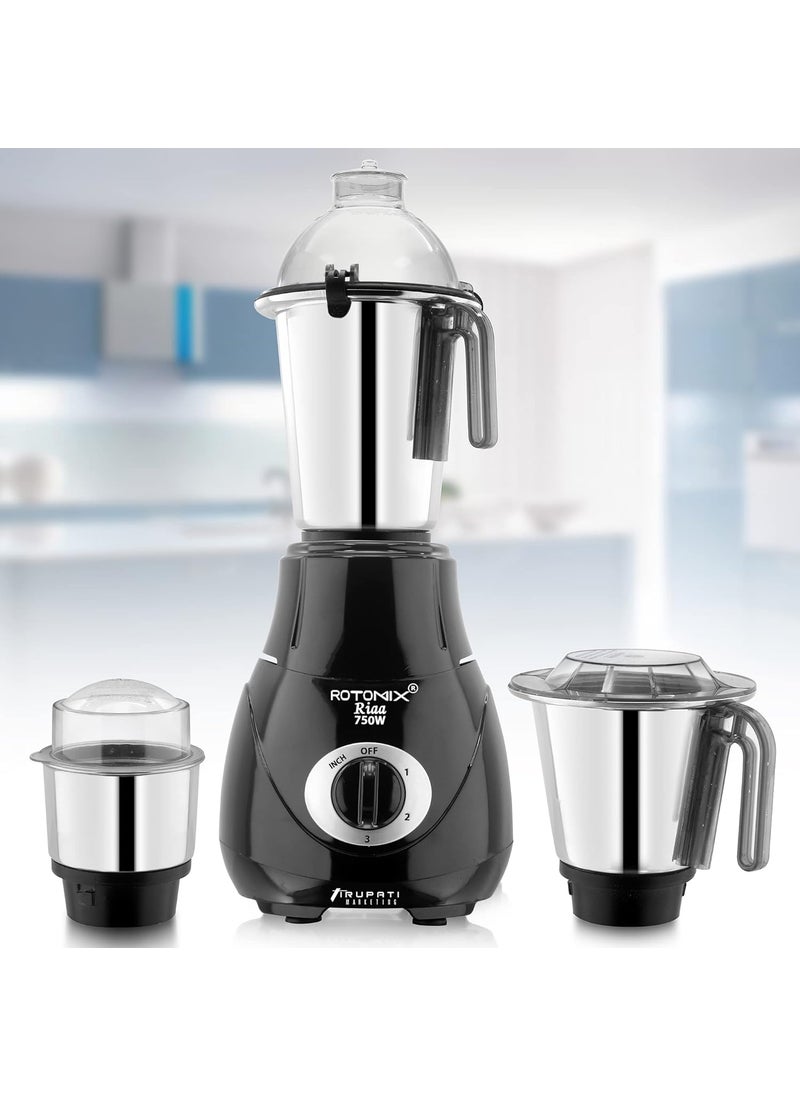 Rotomix New Excellent Model RIAA 750Watts Mixer Grinder with 3 Stainless Steel Jars Dry Jar Chutney Jar Liquid Jar Black S3J Company 37 Years of Servicing Marketing and Manufacturing Since 1984