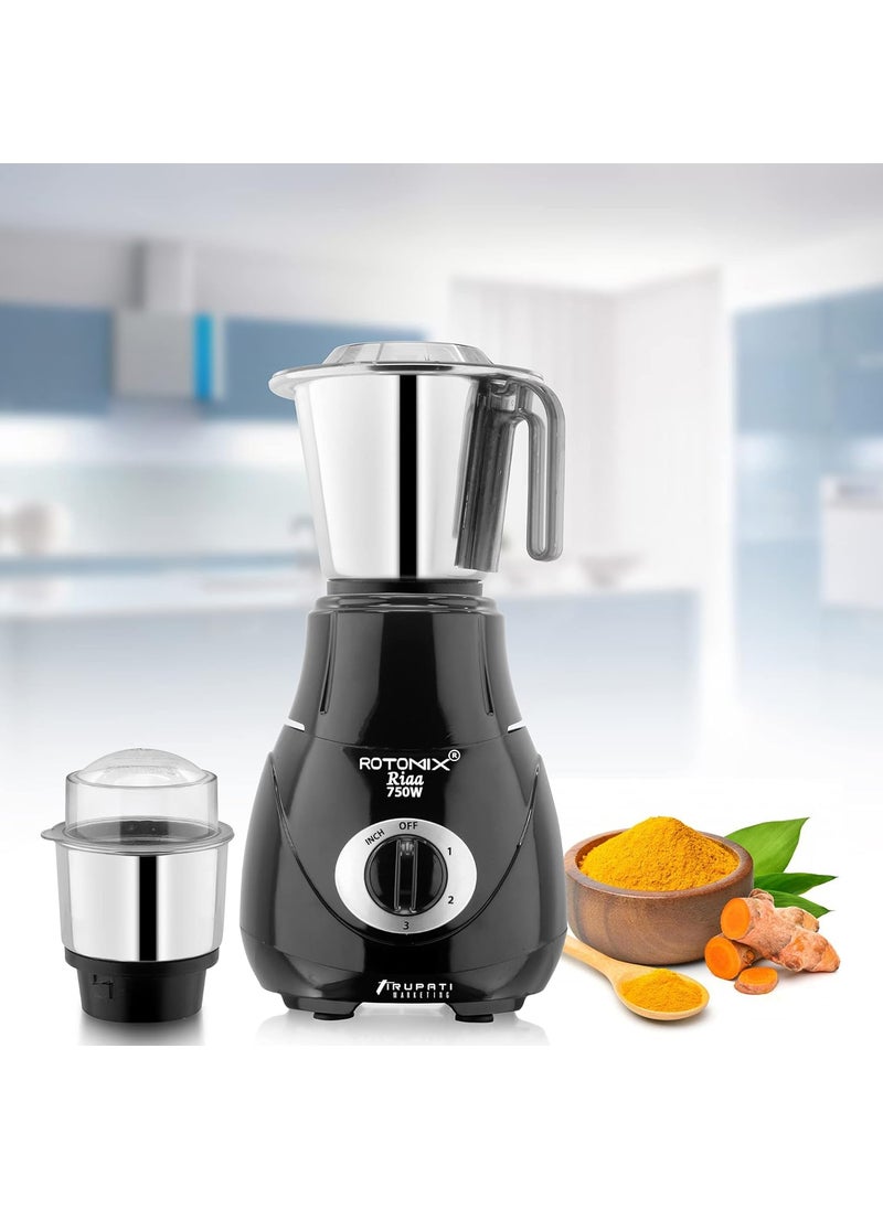Rotomix New Excellent Model RIAA 750Watts Mixer Grinder with 3 Stainless Steel Jars Dry Jar Chutney Jar Liquid Jar Black S3J Company 37 Years of Servicing Marketing and Manufacturing Since 1984