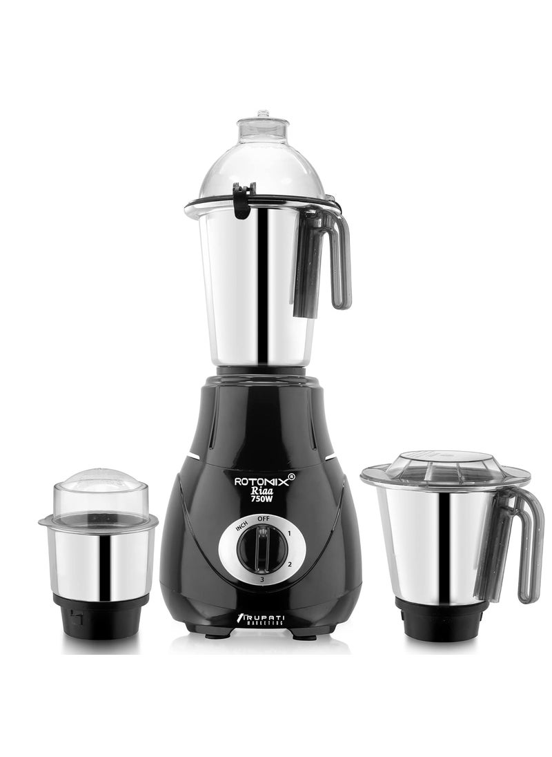 Rotomix New Excellent Model RIAA 750Watts Mixer Grinder with 3 Stainless Steel Jars Dry Jar Chutney Jar Liquid Jar Black S3J Company 37 Years of Servicing Marketing and Manufacturing Since 1984