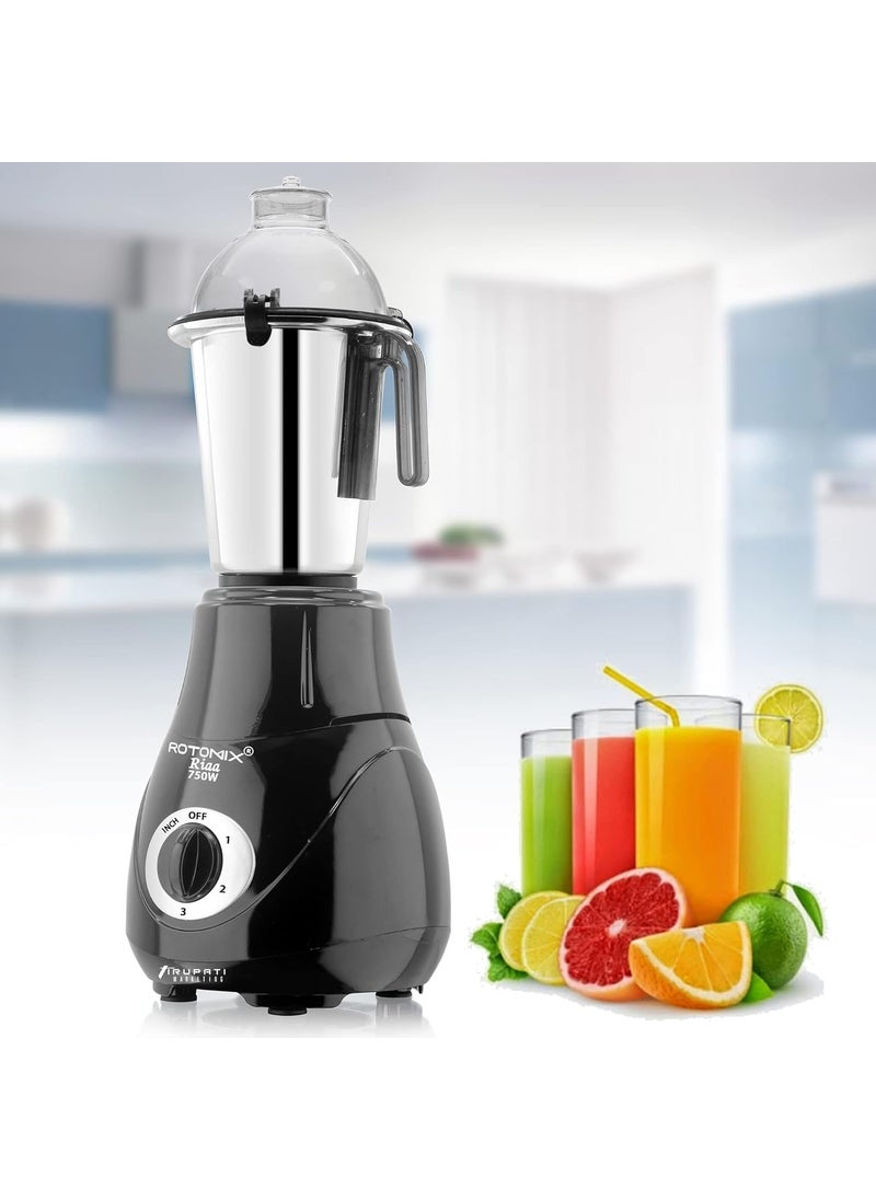 Rotomix New Excellent Model RIAA 750Watts Mixer Grinder with 3 Stainless Steel Jars Dry Jar Chutney Jar Liquid Jar Black S3J Company 37 Years of Servicing Marketing and Manufacturing Since 1984
