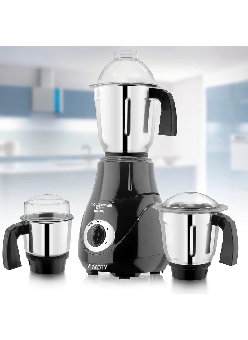 Goldwinner New Excellent Model RIAA 1000Watts Mixer Grinder with 100 Copper Motor with 3 Heavy Aluminium base Stainless Steel Jars Dry Jar Chutney Jar Liquid Jar BlackCompany 37 Years of Servicing Marketing and Manufacturing Since 1984