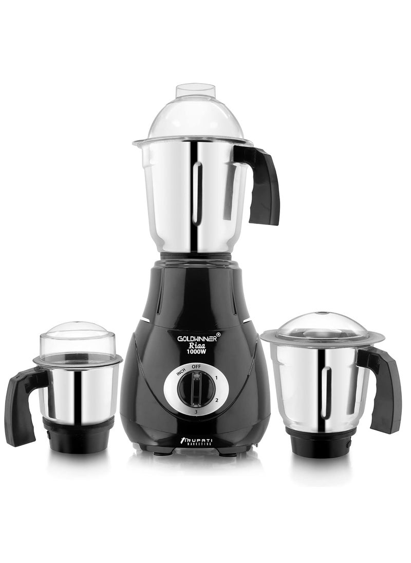 Goldwinner New Excellent Model RIAA 1000Watts Mixer Grinder with 100 Copper Motor with 3 Heavy Aluminium base Stainless Steel Jars Dry Jar Chutney Jar Liquid Jar BlackCompany 37 Years of Servicing Marketing and Manufacturing Since 1984