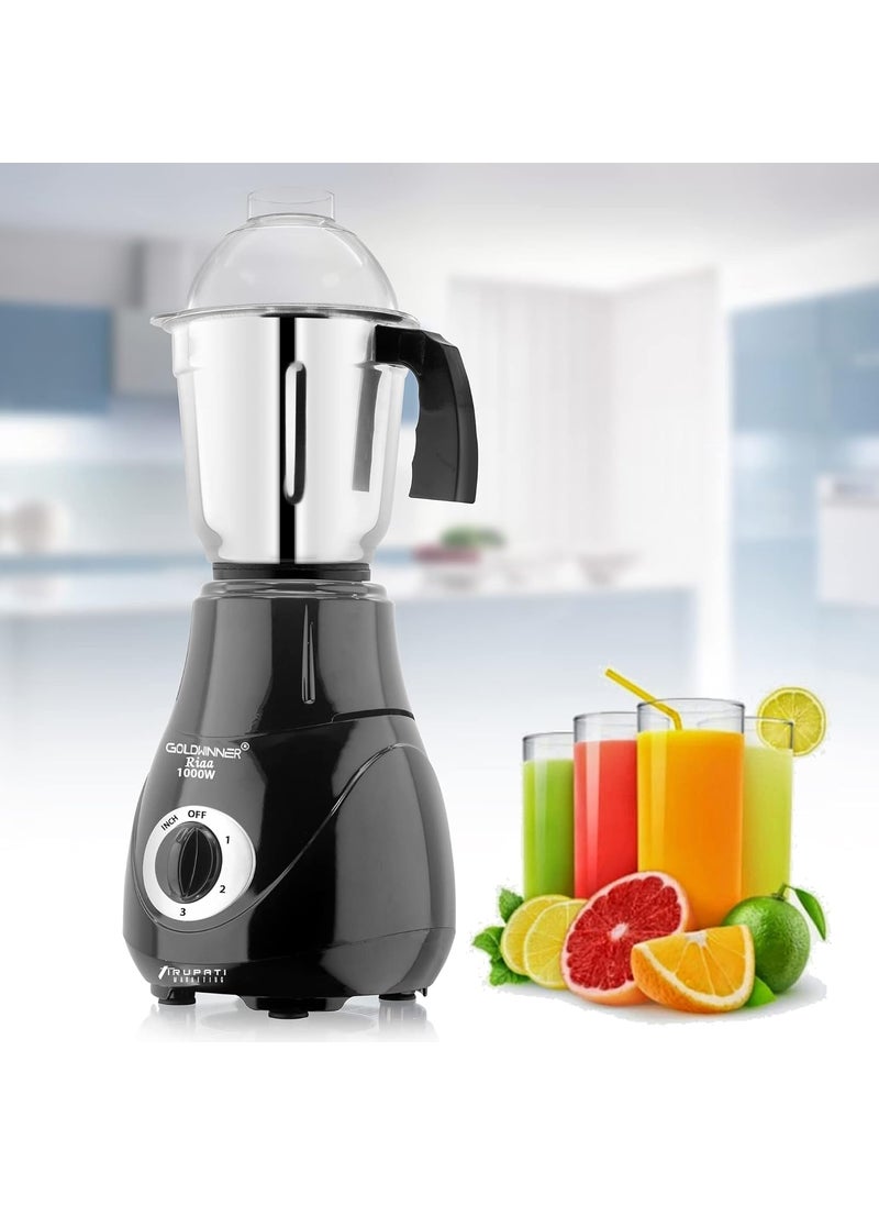 Goldwinner New Excellent Model RIAA 1000Watts Mixer Grinder with 100 Copper Motor with 3 Heavy Aluminium base Stainless Steel Jars Dry Jar Chutney Jar Liquid Jar BlackCompany 37 Years of Servicing Marketing and Manufacturing Since 1984