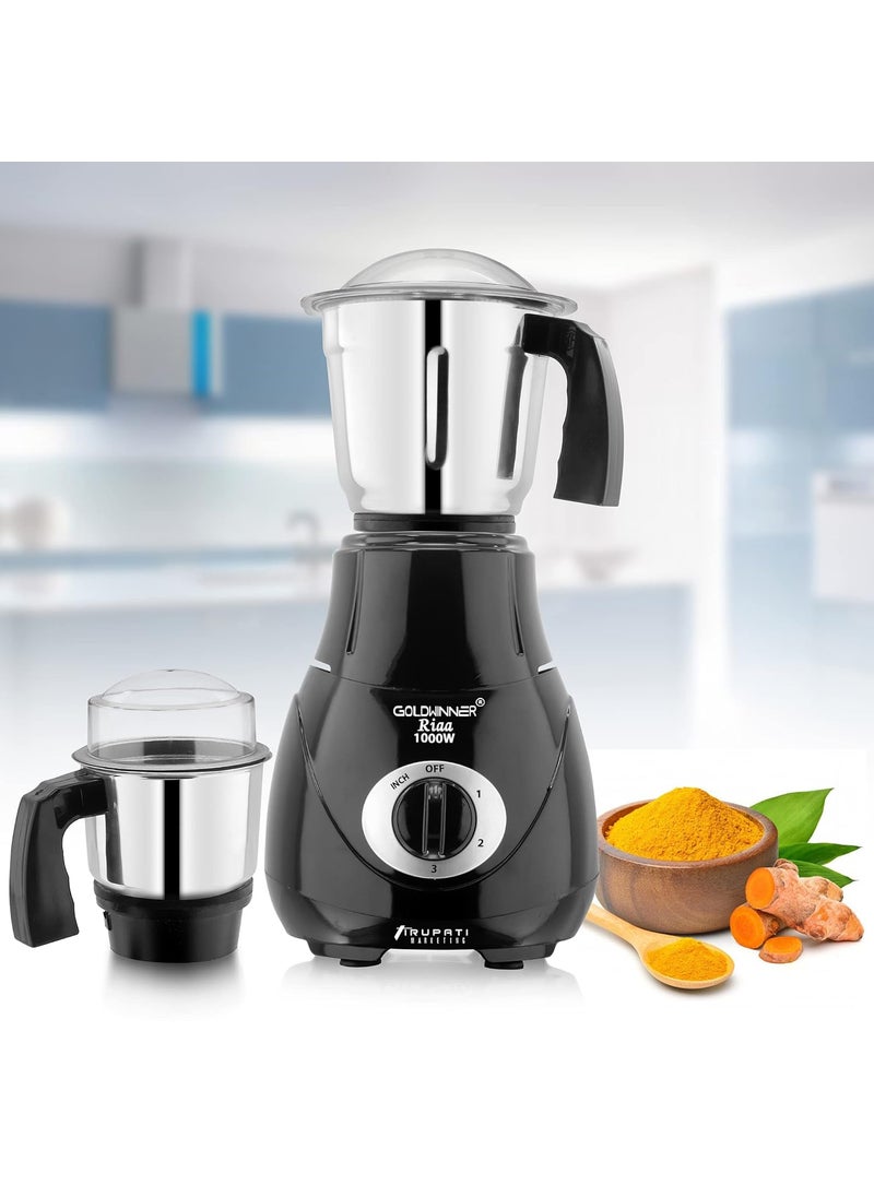 Goldwinner New Excellent Model RIAA 1000Watts Mixer Grinder with 100 Copper Motor with 3 Heavy Aluminium base Stainless Steel Jars Dry Jar Chutney Jar Liquid Jar BlackCompany 37 Years of Servicing Marketing and Manufacturing Since 1984