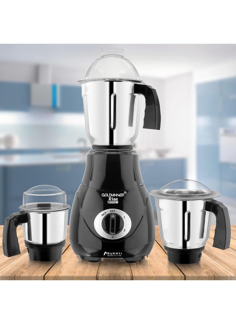 Goldwinner New Excellent Model RIAA 1000Watts Mixer Grinder with 100 Copper Motor with 3 Heavy Aluminium base Stainless Steel Jars Dry Jar Chutney Jar Liquid Jar BlackCompany 37 Years of Servicing Marketing and Manufacturing Since 1984