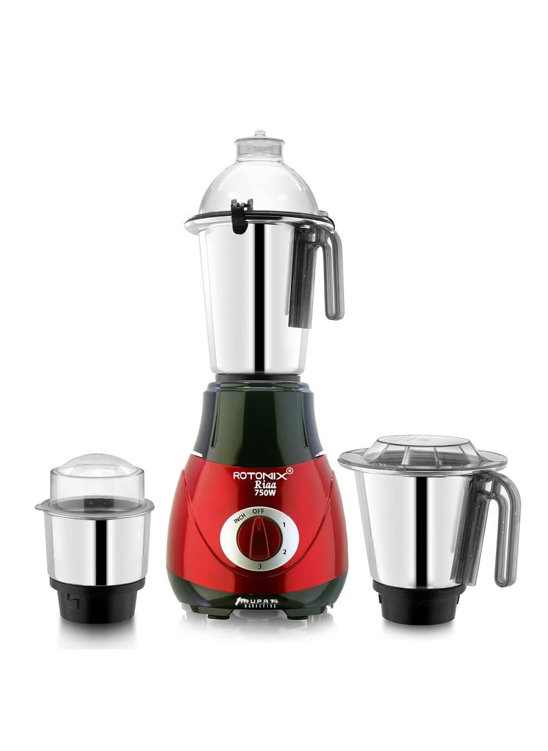 Rotomix New Excellent Model RIAA 750Watts Mixer Grinder with 3 Stainless Steel Jars Dry Chutney and Liquid Jar RedBlack S3J Company 37 Years of Servicing Marketing and Manufacturing Since 1984