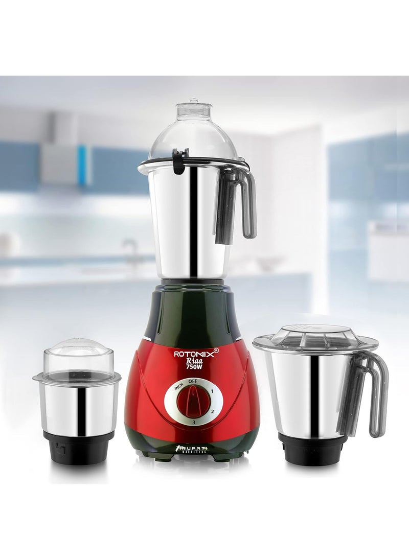 Rotomix New Excellent Model RIAA 750Watts Mixer Grinder with 3 Stainless Steel Jars Dry Chutney and Liquid Jar RedBlack S3J Company 37 Years of Servicing Marketing and Manufacturing Since 1984