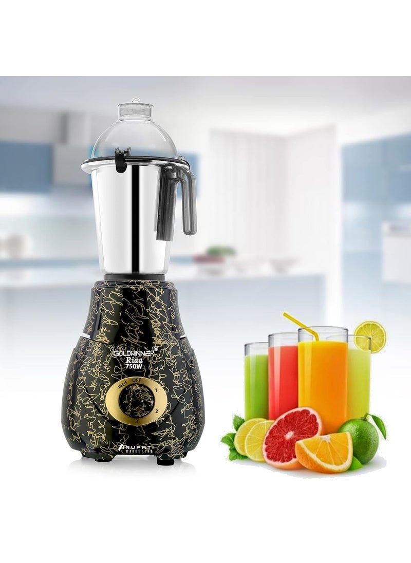 Goldwinner New Excellent Model RIAA 750Watts Mixer Grinder with 3 Stainless Steel Jars Dry Chutney and Liquid Jar GoldBlack S3J Company 37 Years of Servicing Marketing and Manufacturing Since 1984