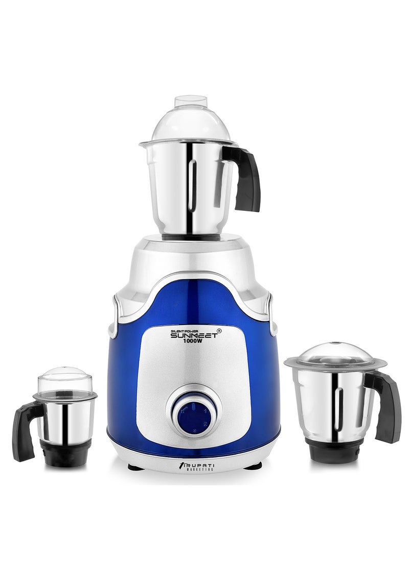 SilentPowerSunmeet 1000watts Express Power Mixer Grinder with 3 Heavy Stainless Steel jars Chutney Jar Liquid Jar and Dry Jar BlueSilver TA101