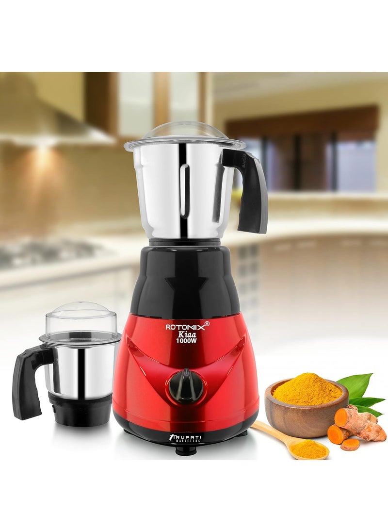 Rotomix Model Traditional KIAA 1000Watts Copper Motor Mixer Grinder with 3 Heavy Aluminium Base Stainless Steel Jars Dry Jar Chutney Jar Liquid Jar RedBlack