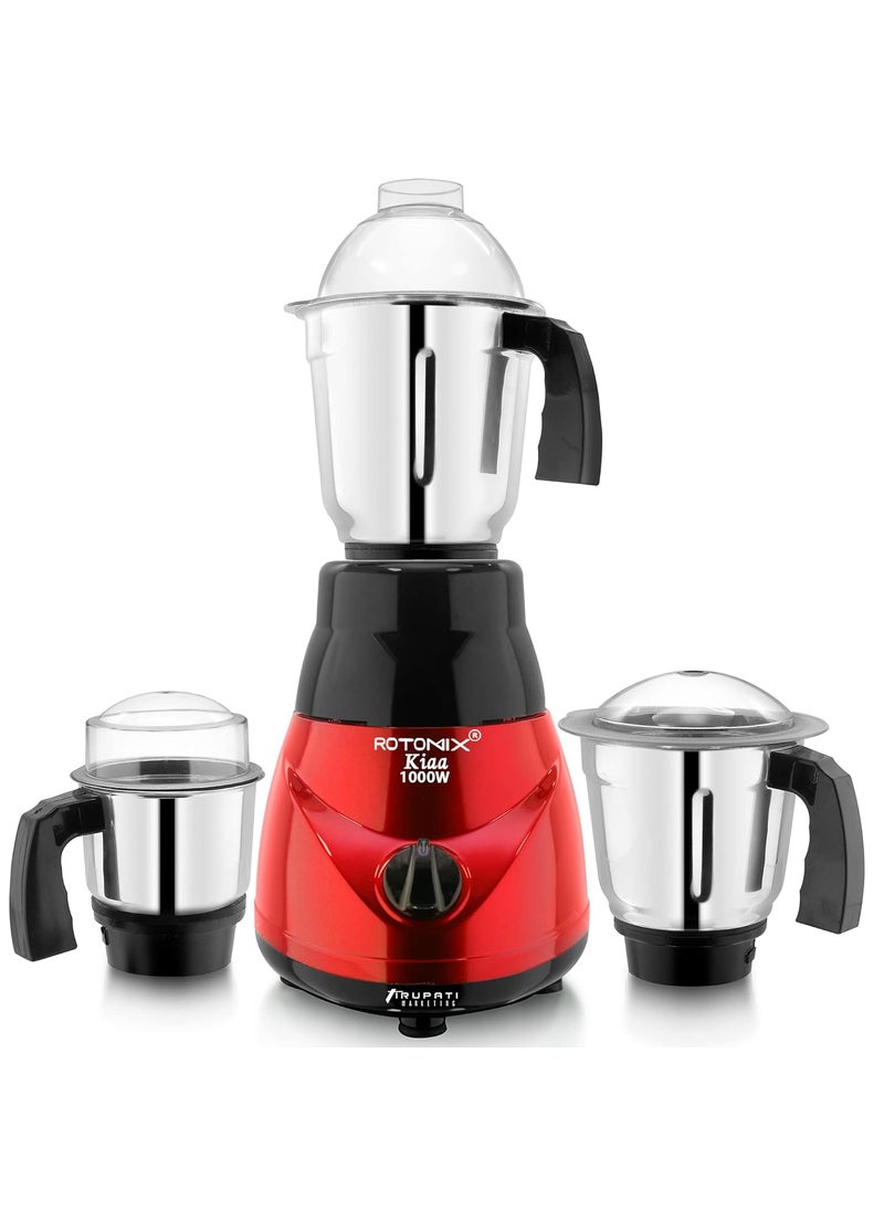 Rotomix Model Traditional KIAA 1000Watts Copper Motor Mixer Grinder with 3 Heavy Aluminium Base Stainless Steel Jars Dry Jar Chutney Jar Liquid Jar RedBlack
