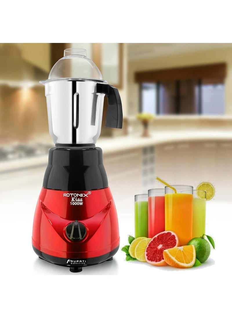 Rotomix Model Traditional KIAA 1000Watts Copper Motor Mixer Grinder with 3 Heavy Aluminium Base Stainless Steel Jars Dry Jar Chutney Jar Liquid Jar RedBlack