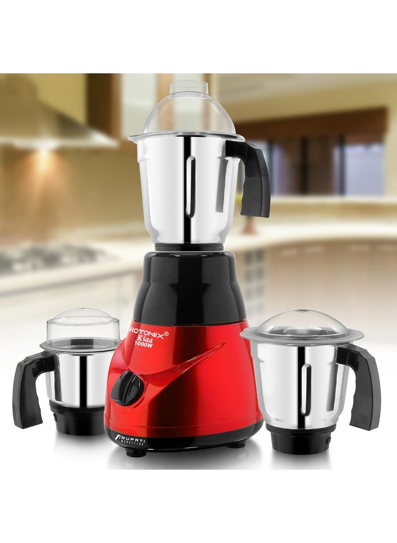 Rotomix Model Traditional KIAA 1000Watts Copper Motor Mixer Grinder with 3 Heavy Aluminium Base Stainless Steel Jars Dry Jar Chutney Jar Liquid Jar RedBlack
