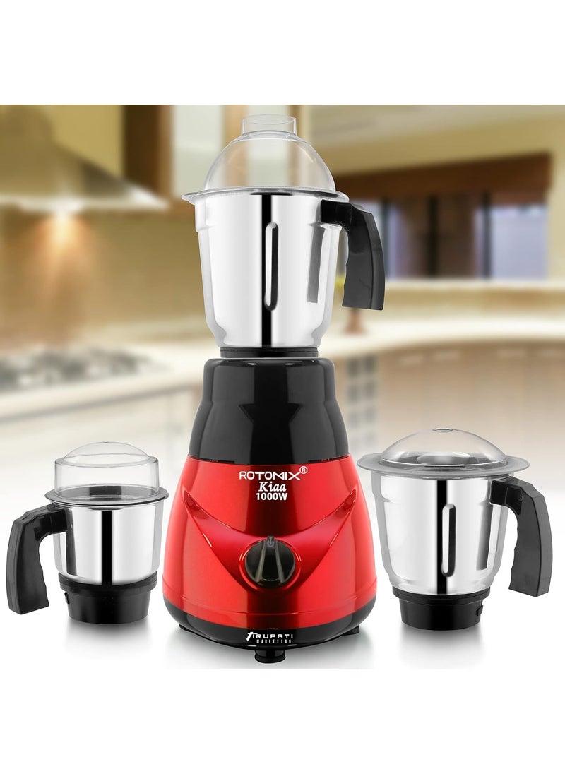 Rotomix Model Traditional KIAA 1000Watts Copper Motor Mixer Grinder with 3 Heavy Aluminium Base Stainless Steel Jars Dry Jar Chutney Jar Liquid Jar RedBlack
