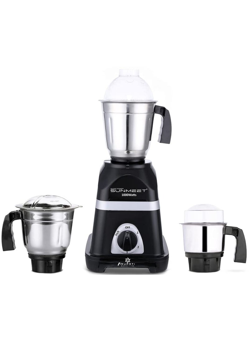SilentPowerSunmeet Triaa Powerfull 1000W Mixer Grinder with 3 Stainless Steel Jars 1 Wet Jar 1 Dry Jar and 1 Chutney Jar BlackMake In India