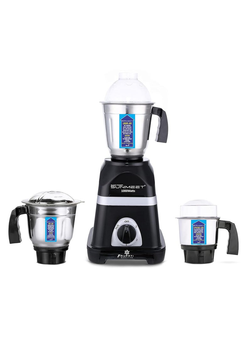 SilentPowerSunmeet Triaa Powerfull 1000W Mixer Grinder with 3 Stainless Steel Jars 1 Wet Jar 1 Dry Jar and 1 Chutney Jar BlackMake In India