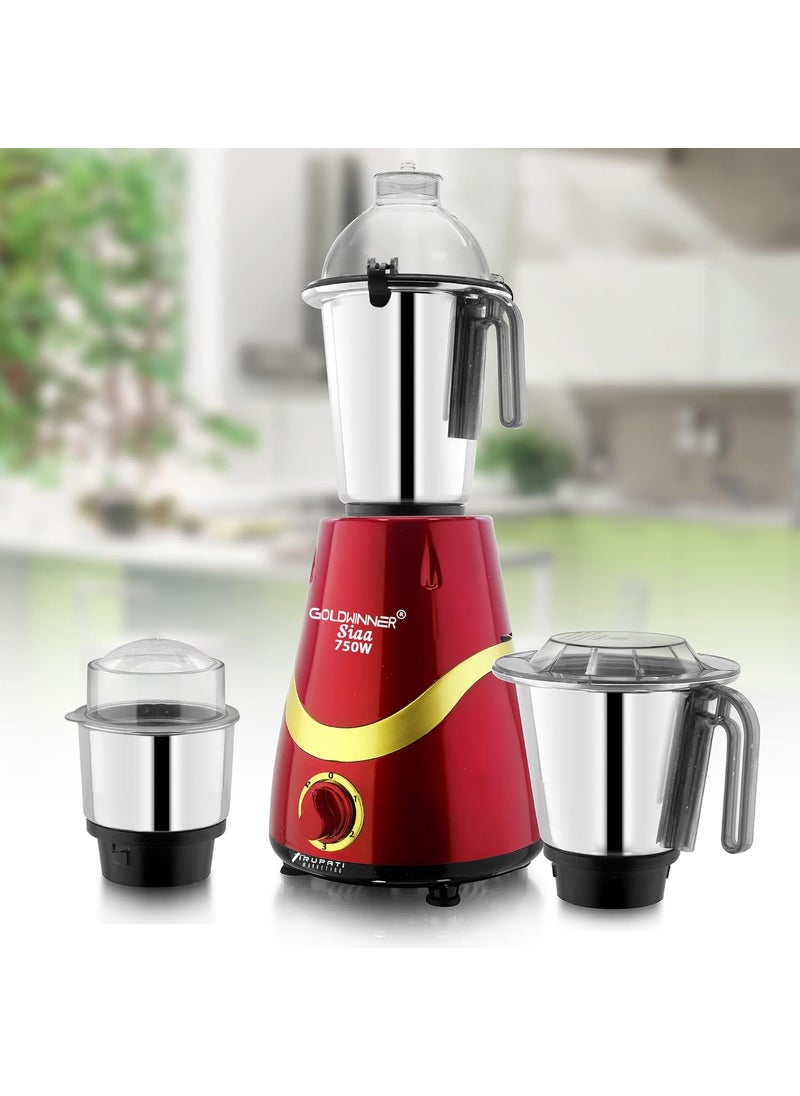 Goldwinner Latest Model SIAA 750Watts Mixer Grinder with 3 Stainless Steel Jars Dry Jar Chutney Jar Liquid Jar RedGold