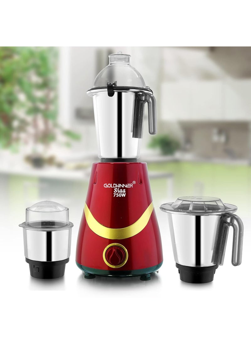 Goldwinner Latest Model SIAA 750Watts Mixer Grinder with 3 Stainless Steel Jars Dry Jar Chutney Jar Liquid Jar RedGold