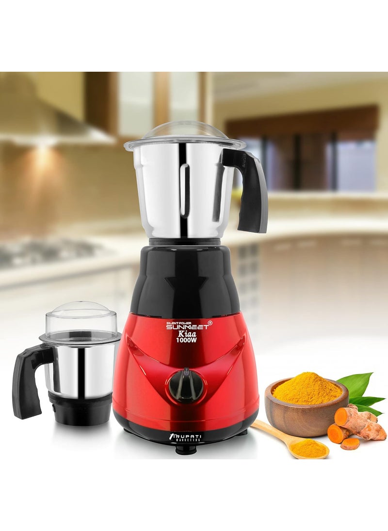 SilentPowerSunmeet New Model Traditional KIAA 1000Watts Mixer Grinder with100 Copper Motor with 3 Heavy Aluminium base Stainless Steel JarsDry Jar Chutney Jar Liquid Jar RedBLackCompany 37 Years of Servicing Marketing and Manufacturing Since 1984