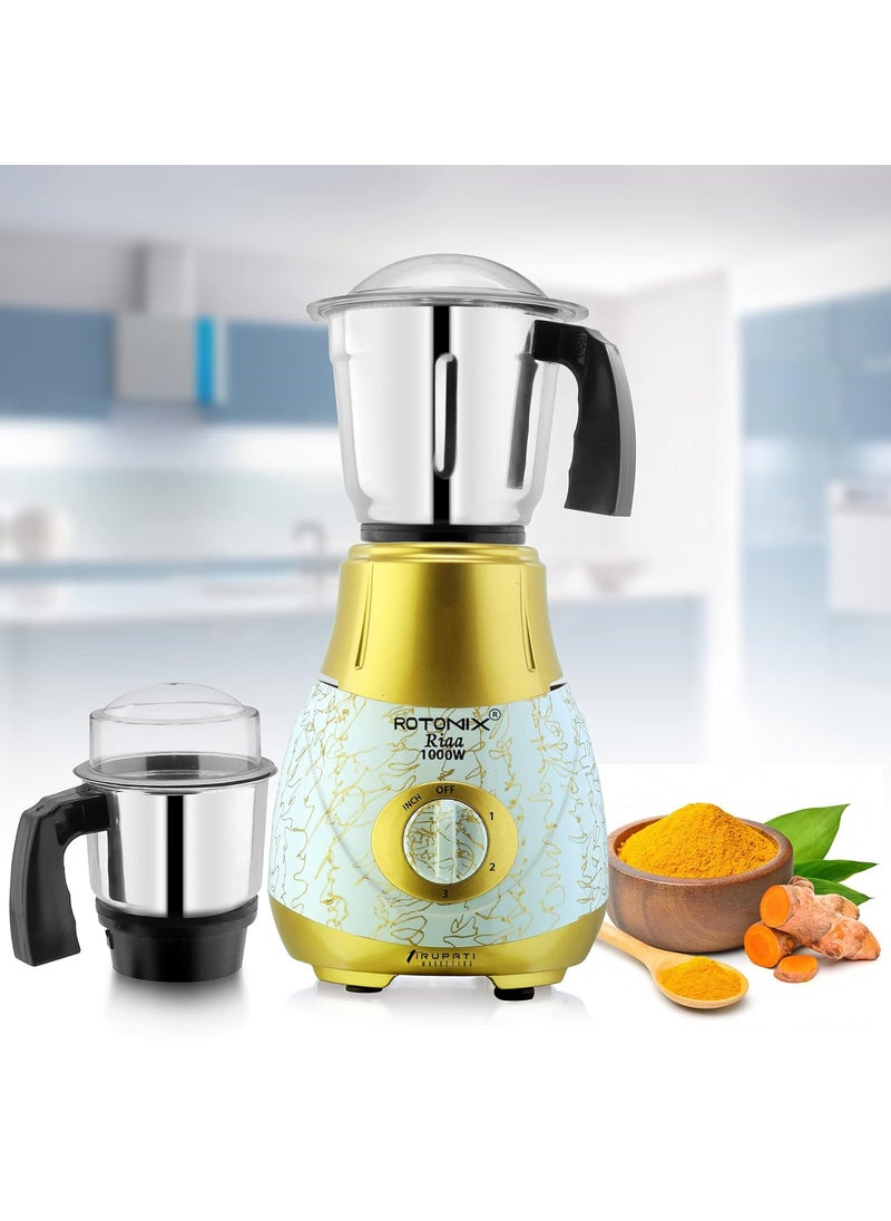 Rotomix New Excellent Model RIAA 1000Watts Mixer Grinder with 100 Copper Motor with 3 Heavy Aluminium base Stainless Steel Jars Dry Jar Chutney Jar Liquid Jar GoldWhiteCompany 37 Years of Servicing Marketing and Manufacturing Since 1984
