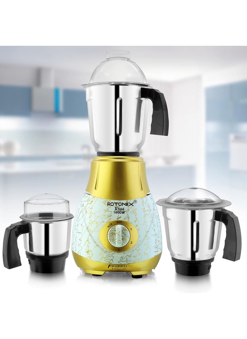 Rotomix New Excellent Model RIAA 1000Watts Mixer Grinder with 100 Copper Motor with 3 Heavy Aluminium base Stainless Steel Jars Dry Jar Chutney Jar Liquid Jar GoldWhiteCompany 37 Years of Servicing Marketing and Manufacturing Since 1984