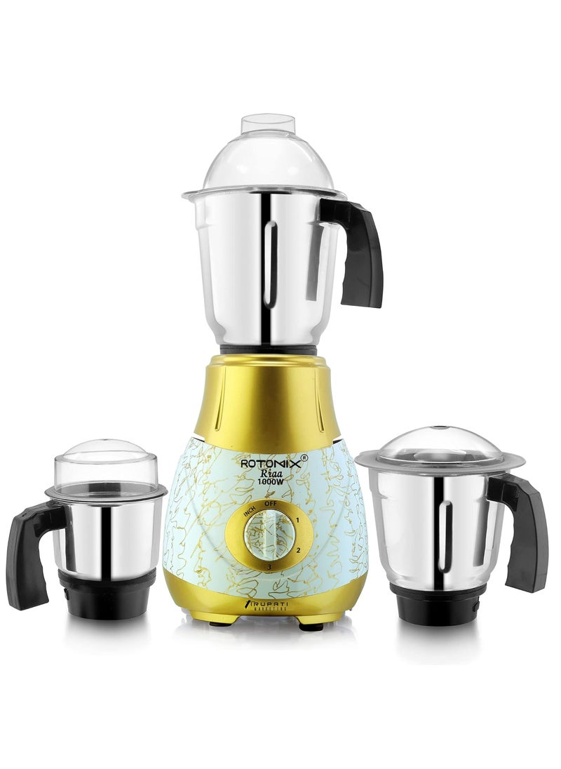 Rotomix New Excellent Model RIAA 1000Watts Mixer Grinder with 100 Copper Motor with 3 Heavy Aluminium base Stainless Steel Jars Dry Jar Chutney Jar Liquid Jar GoldWhiteCompany 37 Years of Servicing Marketing and Manufacturing Since 1984