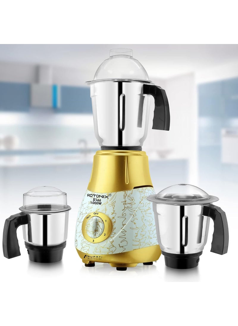 Rotomix New Excellent Model RIAA 1000Watts Mixer Grinder with 100 Copper Motor with 3 Heavy Aluminium base Stainless Steel Jars Dry Jar Chutney Jar Liquid Jar GoldWhiteCompany 37 Years of Servicing Marketing and Manufacturing Since 1984