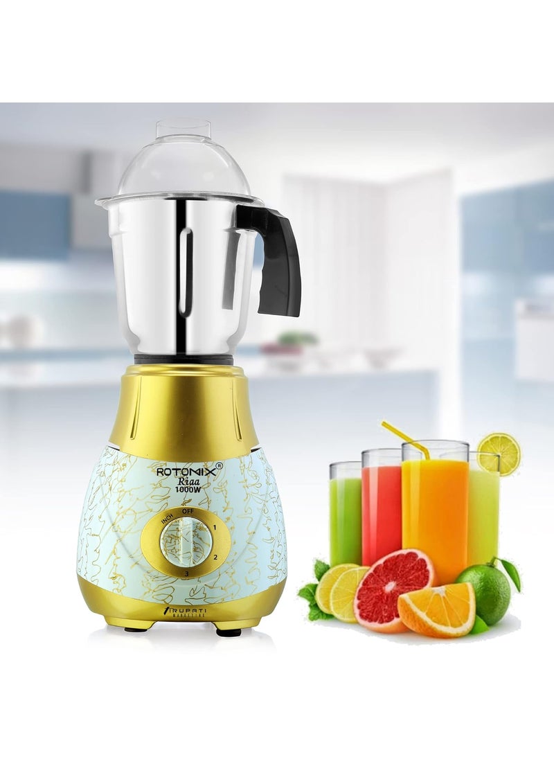 Rotomix New Excellent Model RIAA 1000Watts Mixer Grinder with 100 Copper Motor with 3 Heavy Aluminium base Stainless Steel Jars Dry Jar Chutney Jar Liquid Jar GoldWhiteCompany 37 Years of Servicing Marketing and Manufacturing Since 1984
