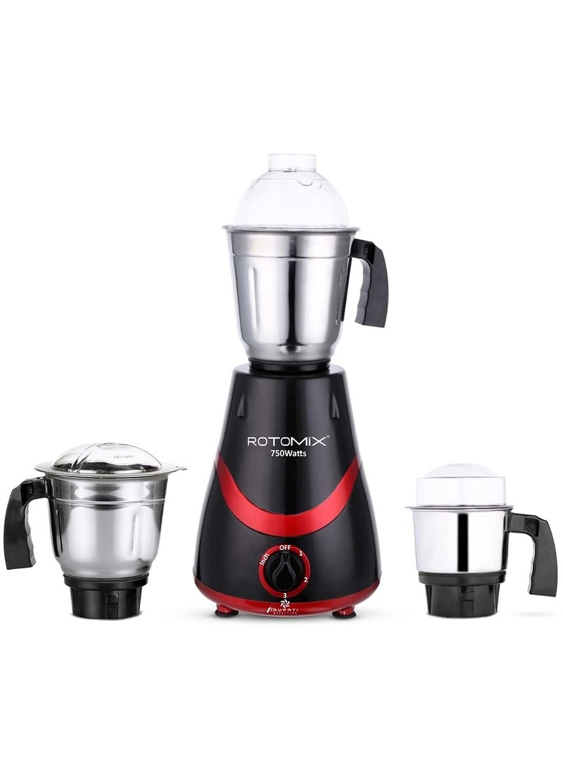 Rotomix Necklace 750W Mixer Grinder with 3 Stainless Steel Jars 1 Wet Jar 1 Dry Jar and 1 Chutney Jar BlackREDMake in IndiaISI Certified